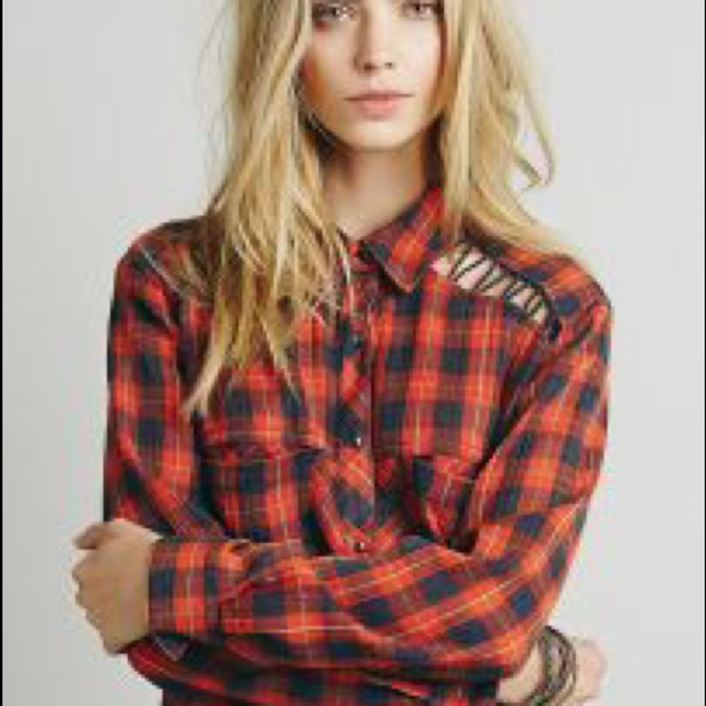- FREE PEOPLE - Lace up shoulder plaid shirt